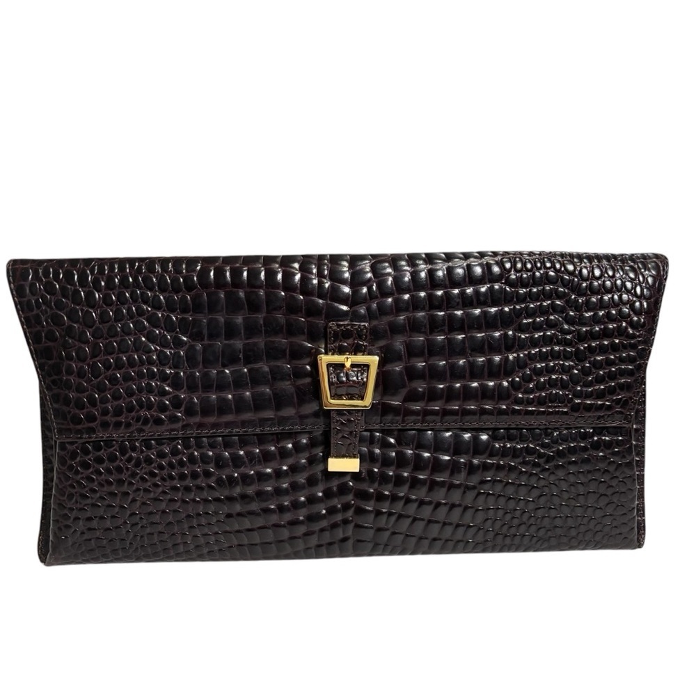Etienne Aigner Vintage Crocodile 100% Embossed Leather Clutch with Gold Buckle